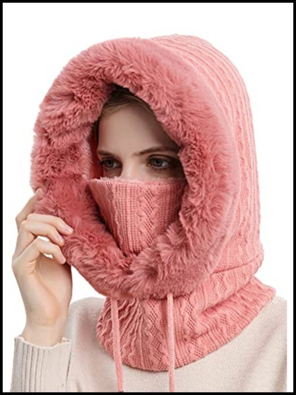 Slouchy Beanie Scarf Mask Faux Fur Balaclava Knit Winter Cap